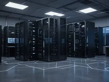 Modernes Server-Rechenzentrum mit blauer Beleuchtung in einer ruhigen, industriellen Umgebung. - Foto: über boerse-global.de