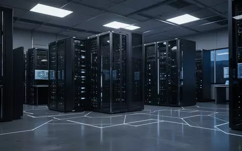 Modernes Server-Rechenzentrum mit blauer Beleuchtung in einer ruhigen, industriellen Umgebung. - Foto: über boerse-global.de
