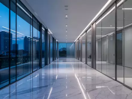 Ein minimalistischer, leerer Büroflur mit Glaswänden und blauer Beleuchtung in der Dämmerung. - Foto: über boerse-global.de