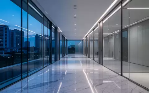 Ein minimalistischer, leerer BĂŒroflur mit GlaswĂ€nden und blauer Beleuchtung in der DĂ€mmerung. - Foto: ĂŒber boerse-global.de