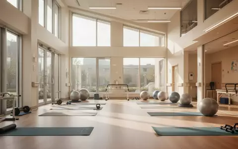 Heller, moderner Therapieraum in einer Klinik mit Sportgeräten und viel Tageslicht. - Foto: über boerse-global.de