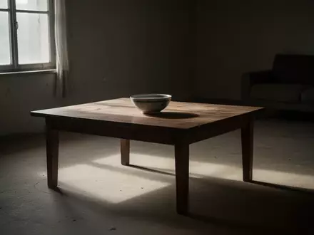 Ein minimalistischer, spärlich eingerichteter Wohnraum mit einem leeren Holztisch in gedämpftem Tageslicht. - Foto: über boerse-global.de