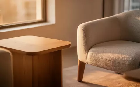 Ein minimalistischer, moderner Wohnbereich mit weichem Sonnenlicht und einem Holztisch in einer ruhigen Atmosphäre. - Foto: über boerse-global.de