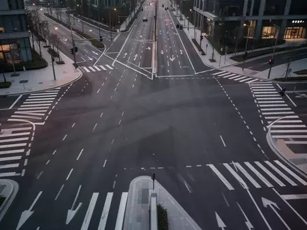 Eine leere, moderne Straßenkreuzung mit klaren Fahrbahnmarkierungen und Fußgängerüberwegen bei Dämmerung. - Foto: über boerse-global.de