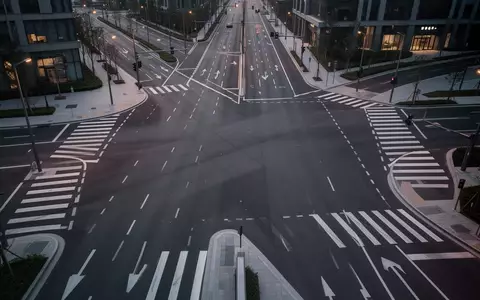 Eine leere, moderne Straßenkreuzung mit klaren Fahrbahnmarkierungen und Fußgängerüberwegen bei Dämmerung. - Foto: über boerse-global.de