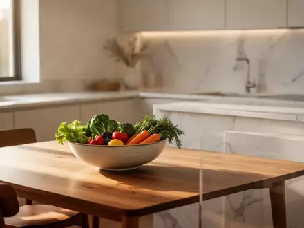 Eine minimalistische, sonnendurchflutete Küche mit einer Schale frischem Gemüse auf einem Holztisch. - Foto: über boerse-global.de