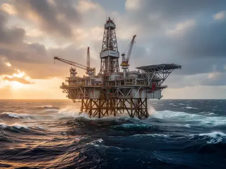 Eine Bohrinsel auf hoher See bei Sonnenuntergang inmitten von aufgewühltem Wasser. - Foto: über boerse-global.de
