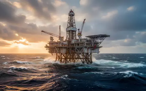 Eine Bohrinsel auf hoher See bei Sonnenuntergang inmitten von aufgewühltem Wasser. - Foto: über boerse-global.de