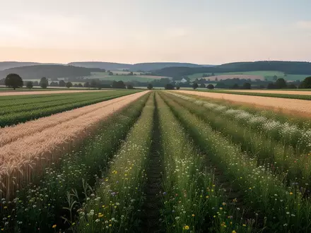 Ein weitläufiges, artenreiches Ackerland mit Mischkulturen und Blühstreifen in der Morgendämmerung. - Foto: über boerse-global.de