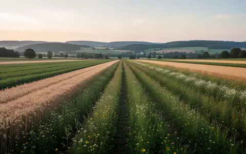 Ein weitläufiges, artenreiches Ackerland mit Mischkulturen und Blühstreifen in der Morgendämmerung. - Foto: über boerse-global.de