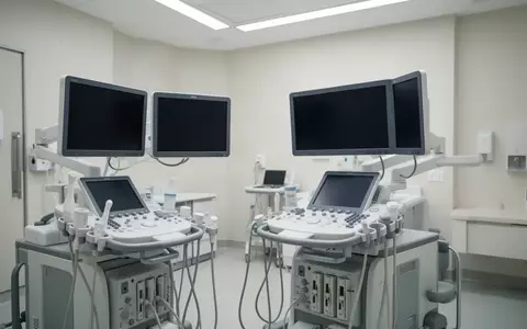Ein minimalistischer, heller Ultraschall-Untersuchungsraum in einer Klinik mit medizinischen Geräten und dunklen Monitoren. - Foto: über boerse-global.de