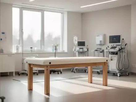 Ein heller, minimalistischer Therapieraum in einer Rehabilitationsklinik mit einem leeren Behandlungstisch. - Foto: über boerse-global.de