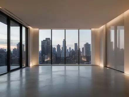 Ein minimalistisch gestaltetes, modernes Wohnzimmer mit bodentiefen Fenstern und Blick auf eine Skyline bei Dämmerung. - Foto: über boerse-global.de