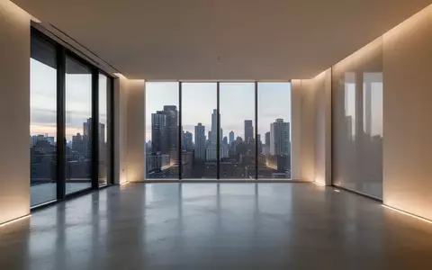 Ein minimalistisch gestaltetes, modernes Wohnzimmer mit bodentiefen Fenstern und Blick auf eine Skyline bei Dämmerung. - Foto: über boerse-global.de