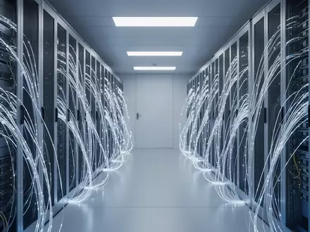Ein moderner Serverraum mit leuchtenden Glasfaserkabeln und Server-Racks in einer minimalistischen Umgebung. - Foto: über boerse-global.de