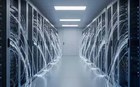 Ein moderner Serverraum mit leuchtenden Glasfaserkabeln und Server-Racks in einer minimalistischen Umgebung. - Foto: über boerse-global.de