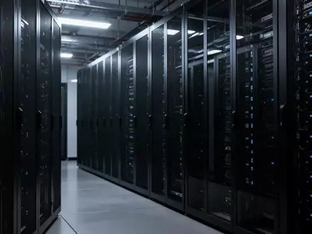 Dunkler Serverraum mit Reihen von Serverracks und subtilen Statusleuchten in einer modernen technischen Umgebung. - Foto: über boerse-global.de