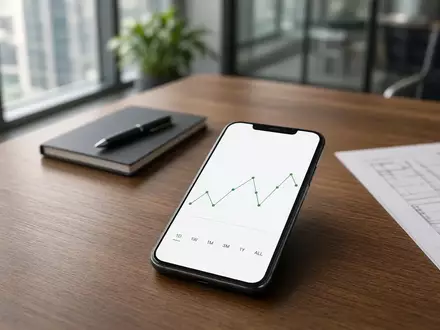 Ein Smartphone mit einem grünen Finanz-Liniendiagramm auf einem modernen Konferenztisch in einem hellen Büro. - Foto: über boerse-global.de
