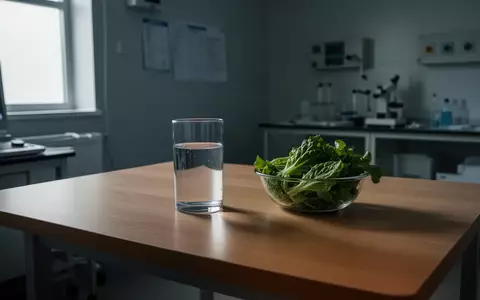 Ein Glas Wasser und eine Schale mit frischem, rohem Gemüse auf einem schlichten Holztisch in einer sterilen Umgebung. - Foto: über boerse-global.de