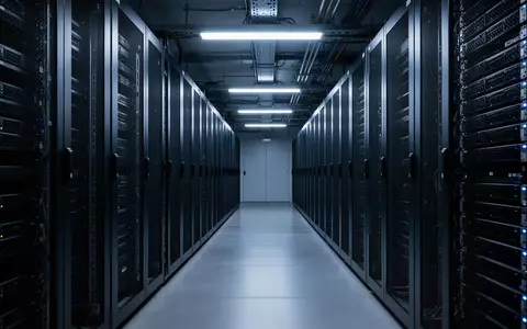 Ein moderner, minimalistischer Serverraum mit industrieller Architektur und blauer Beleuchtung. - Foto: über boerse-global.de
