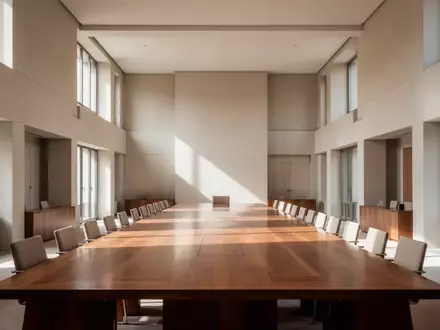 Ein heller, minimalistischer Konferenzraum in einem modernen europäischen Verwaltungsgebäude mit großen Fenstern. - Foto: über boerse-global.de