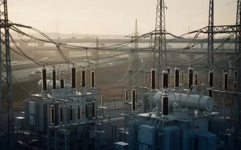 Ein großes Umspannwerk mit Hochspannungstransformatoren und Kabeln entlang einer Autobahntrasse zur Energieversorgung. - Foto: über boerse-global.de