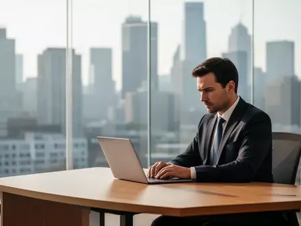 Ein professioneller Finanzexperte arbeitet konzentriert an einem Laptop in einem modernen Büro mit Stadtblick. - Foto: über boerse-global.de