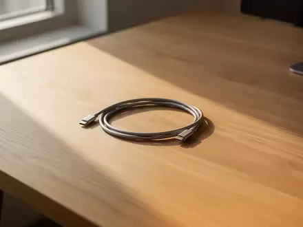 Ein minimalistischer Schreibtisch aus hellem Eichenholz mit einem ordentlich aufgerollten USB-C-Kabel im sanften Sonnenlicht. - Foto: über boerse-global.de
