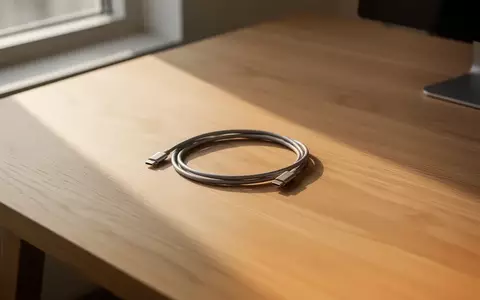 Ein minimalistischer Schreibtisch aus hellem Eichenholz mit einem ordentlich aufgerollten USB-C-Kabel im sanften Sonnenlicht. - Foto: über boerse-global.de