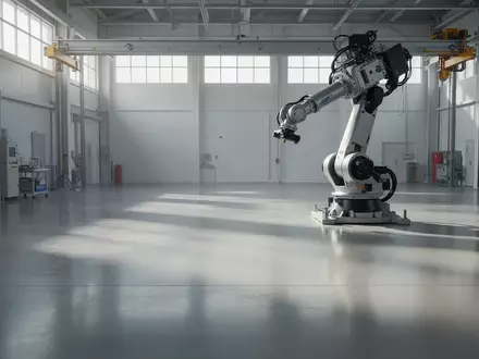 Ein geräumiger, minimalistischer Industrieraum mit einem montierten mechanischen Roboterarm in einer neutralen Umgebung. - Foto: über boerse-global.de