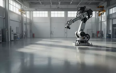 Ein geräumiger, minimalistischer Industrieraum mit einem montierten mechanischen Roboterarm in einer neutralen Umgebung. - Foto: über boerse-global.de