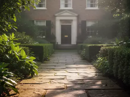 Ein von Hecken gesäumter Gartenweg vor der Fassade eines Wohnhauses bei natürlichem Morgenlicht. - Foto: über boerse-global.de
