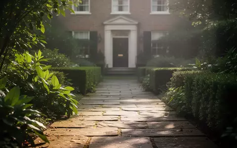 Ein von Hecken gesäumter Gartenweg vor der Fassade eines Wohnhauses bei natürlichem Morgenlicht. - Foto: über boerse-global.de