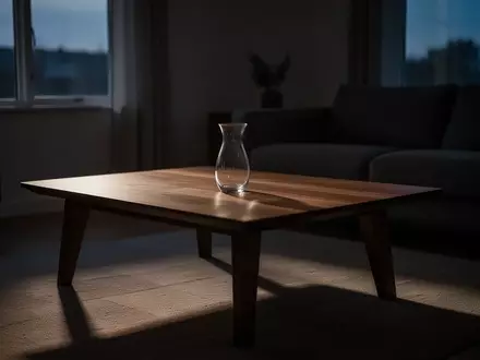 Ein minimalistisch eingerichtetes Wohnzimmer im Dämmerlicht mit einem leeren Glasvasen-Objekt auf einem Holztisch. - Foto: über boerse-global.de