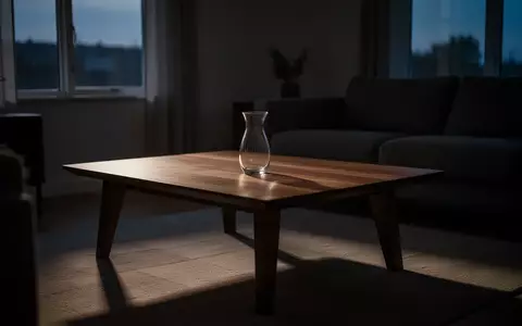 Ein minimalistisch eingerichtetes Wohnzimmer im Dämmerlicht mit einem leeren Glasvasen-Objekt auf einem Holztisch. - Foto: über boerse-global.de