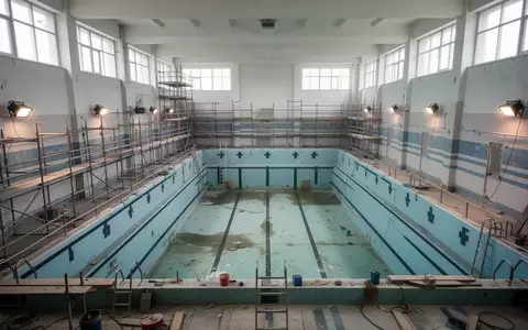 Leeres, sanierungsbedürftiges kommunales Schwimmbecken mit Gerüsten in einer Schwimmhalle ohne Personen. - Foto: über boerse-global.de