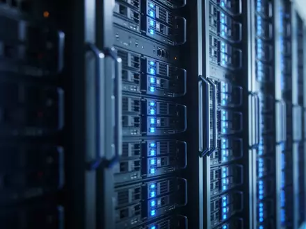 Abstrakte Darstellung eines modernen Rechenzentrums mit blau leuchtenden Server-Racks für Cloud-Computing. - Foto: über boerse-global.de