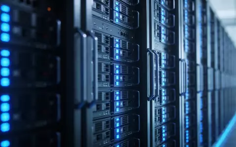 Abstrakte Darstellung eines modernen Rechenzentrums mit blau leuchtenden Server-Racks für Cloud-Computing. - Foto: über boerse-global.de