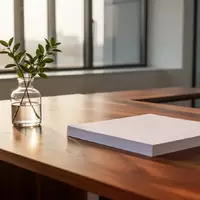 Ein minimalistisch gestalteter, heller Büroraum mit einem Holztisch, einer kleinen Pflanze und natürlichem Tageslicht. - Foto: über boerse-global.de