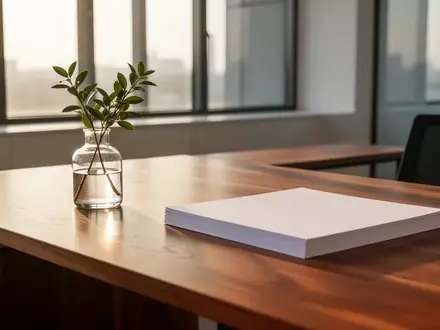Ein minimalistisch gestalteter, heller Büroraum mit einem Holztisch, einer kleinen Pflanze und natürlichem Tageslicht. - Foto: über boerse-global.de