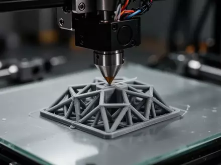 Nahaufnahme eines 3D-Druckers, der eine komplexe Struktur aus grauem Kunststoff aufbaut. - Foto: über boerse-global.de