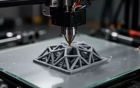 Nahaufnahme eines 3D-Druckers, der eine komplexe Struktur aus grauem Kunststoff aufbaut. - Foto: über boerse-global.de
