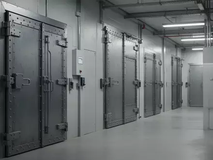 Ein minimalistischer, hochsicherer Industrieflur mit massiven Stahltüren und moderner Architektur ohne sichtbare Beschriftungen. - Foto: über boerse-global.de