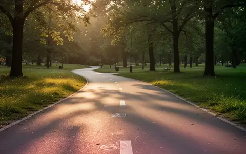 Ein leerer, geschwungener Fahrradweg in einem grünen Park bei Sonnenuntergang. - Foto: über boerse-global.de