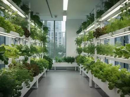 Moderne vertikale Landwirtschaft mit üppig wachsenden Pflanzen in einem hellen, naturnah gestalteten Innenraum. - Foto: über boerse-global.de