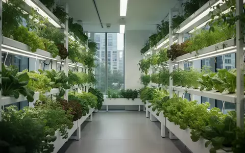 Moderne vertikale Landwirtschaft mit üppig wachsenden Pflanzen in einem hellen, naturnah gestalteten Innenraum. - Foto: über boerse-global.de