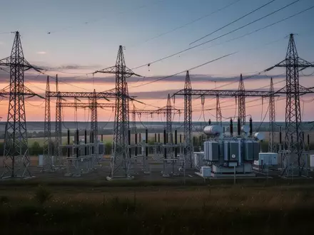Eine Hochspannungs-Umspannstation in einer ländlichen ukrainischen Landschaft während der Dämmerung. - Foto: über boerse-global.de