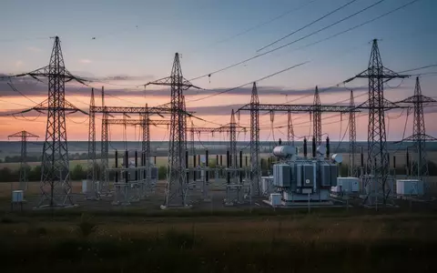 Eine Hochspannungs-Umspannstation in einer ländlichen ukrainischen Landschaft während der Dämmerung. - Foto: über boerse-global.de