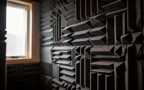 Nahaufnahme von akustischen Dämmplatten in einem professionellen Tonstudio, die eine ruhige und technische Atmosphäre erzeugen. - Foto: über boerse-global.de