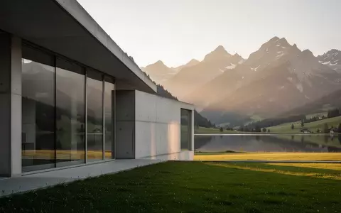 Moderne Architektur in einer alpinen Schweizer Berglandschaft bei Sonnenuntergang. - Foto: über boerse-global.de